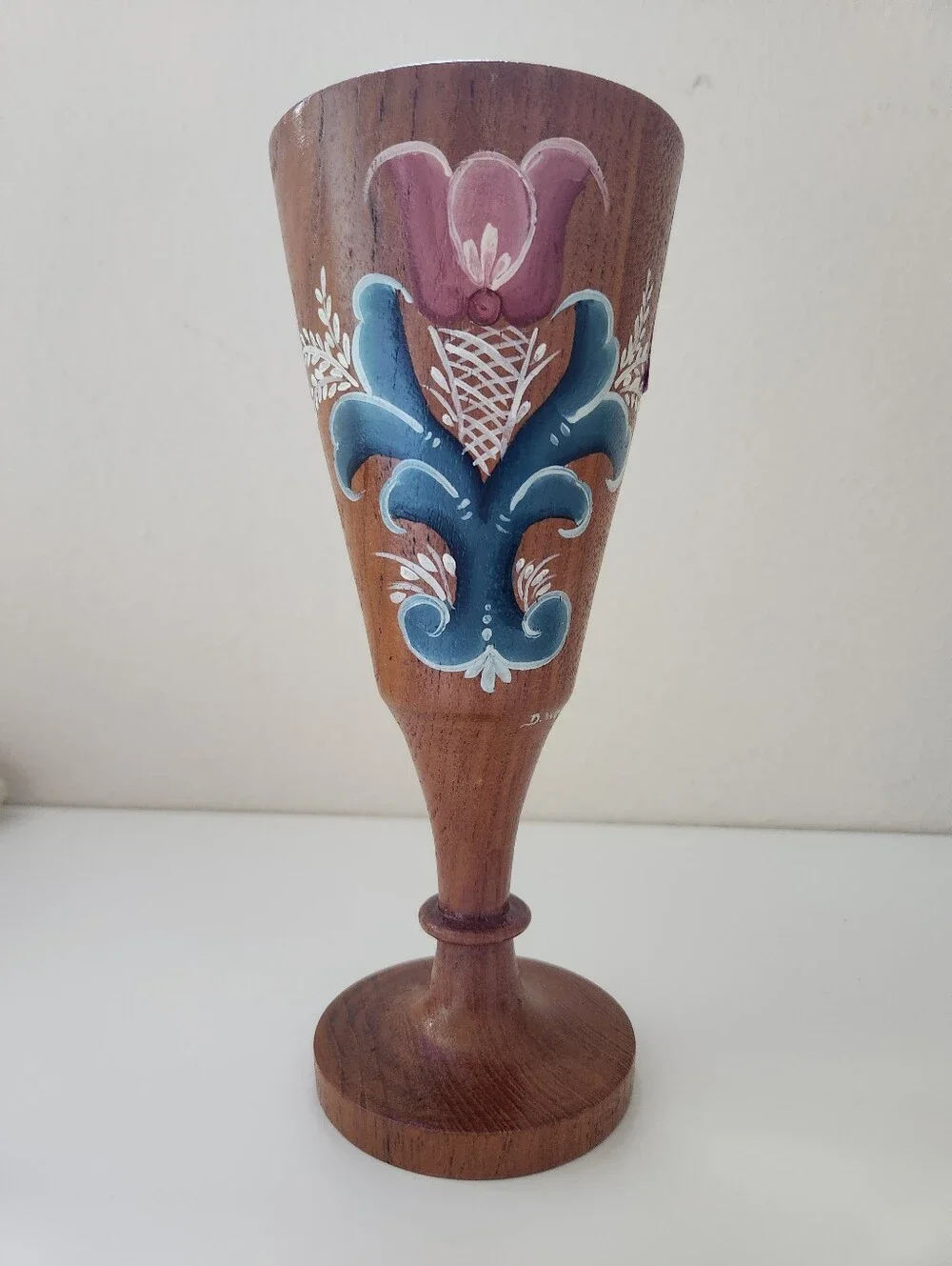 Signed D Woldt Hand Painted Wooden Folk Art Vase Scandinavian Style